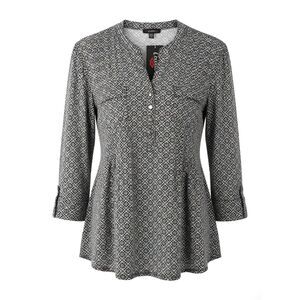 Cocomo Women's Size XL Black Whie Geo Floral Print Pintuck 3/4 Sleeve Top